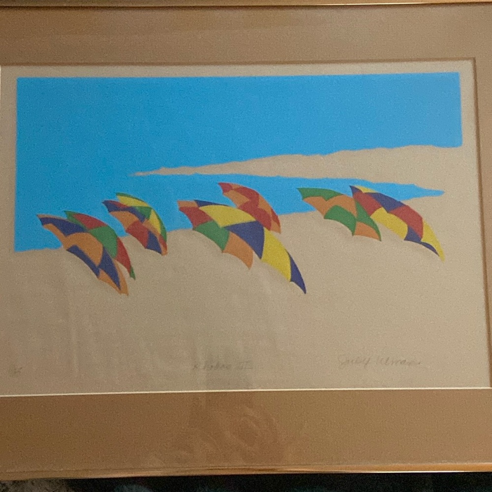 Signed original Artwork beach 🏖️ scene umbrellas floating in the sand